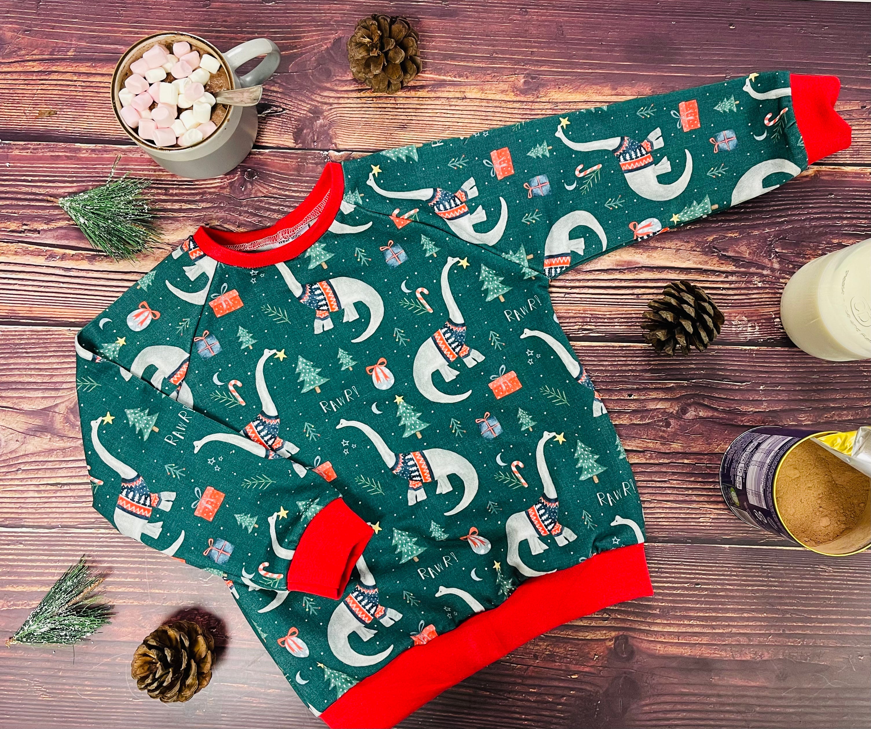 Green Dinosaurs Sweater - Red Cuffs