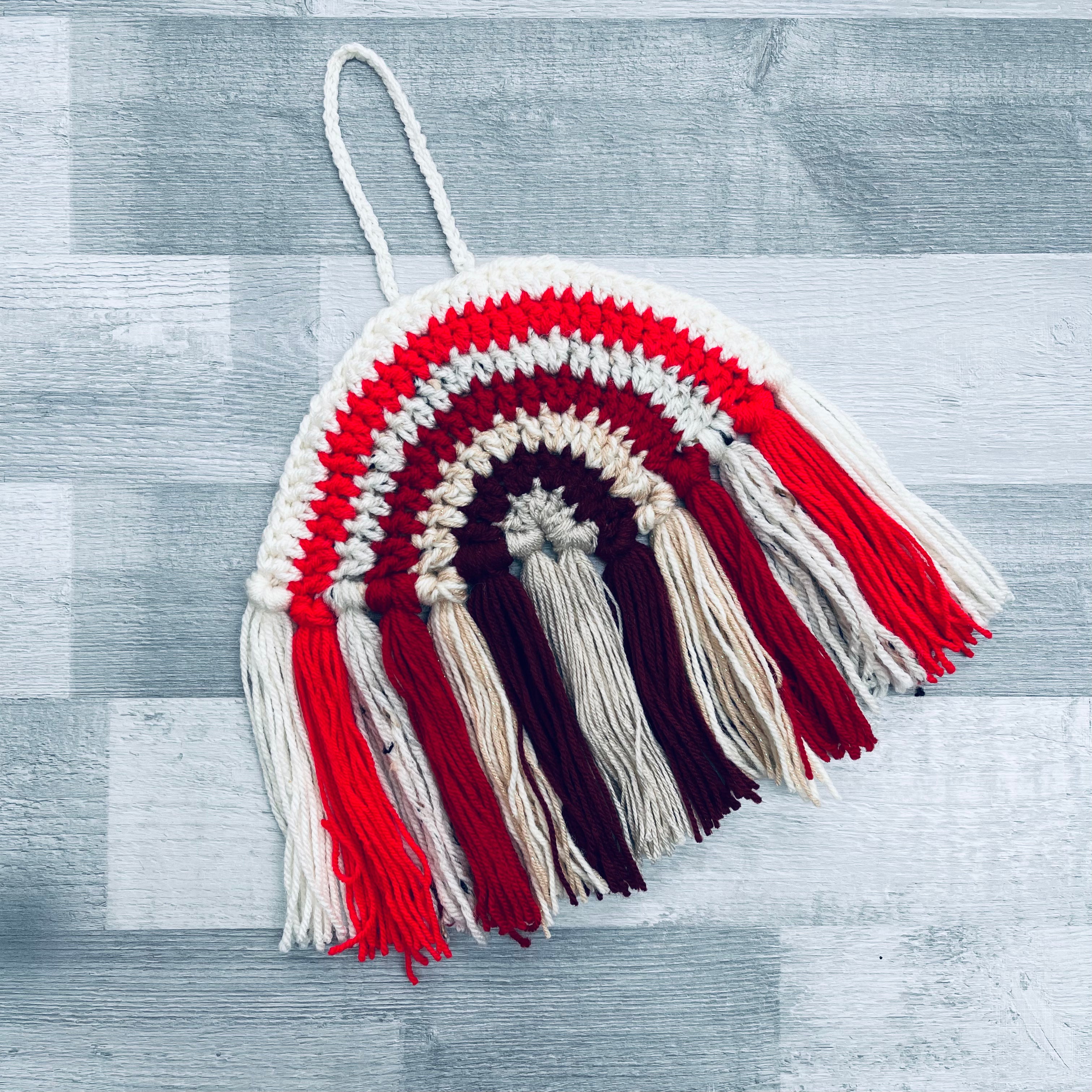Hand Crocheted Rainbow Decoration - Red & Cream