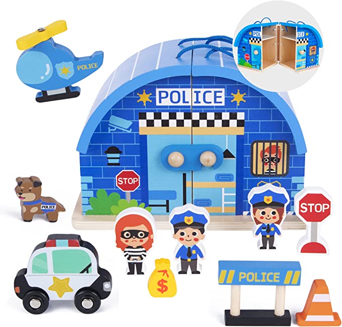 Wooden Police Station Play Set with Carry Case