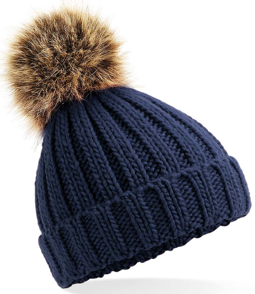 Single Pom Pom Thick Knit Hat - Navy