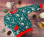 Green Dinosaurs Sweater - Red Cuffs