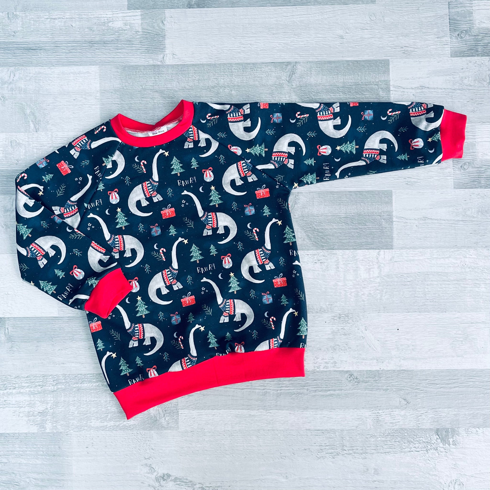 Navy Dinosaurs Sweater - Red Cuffs