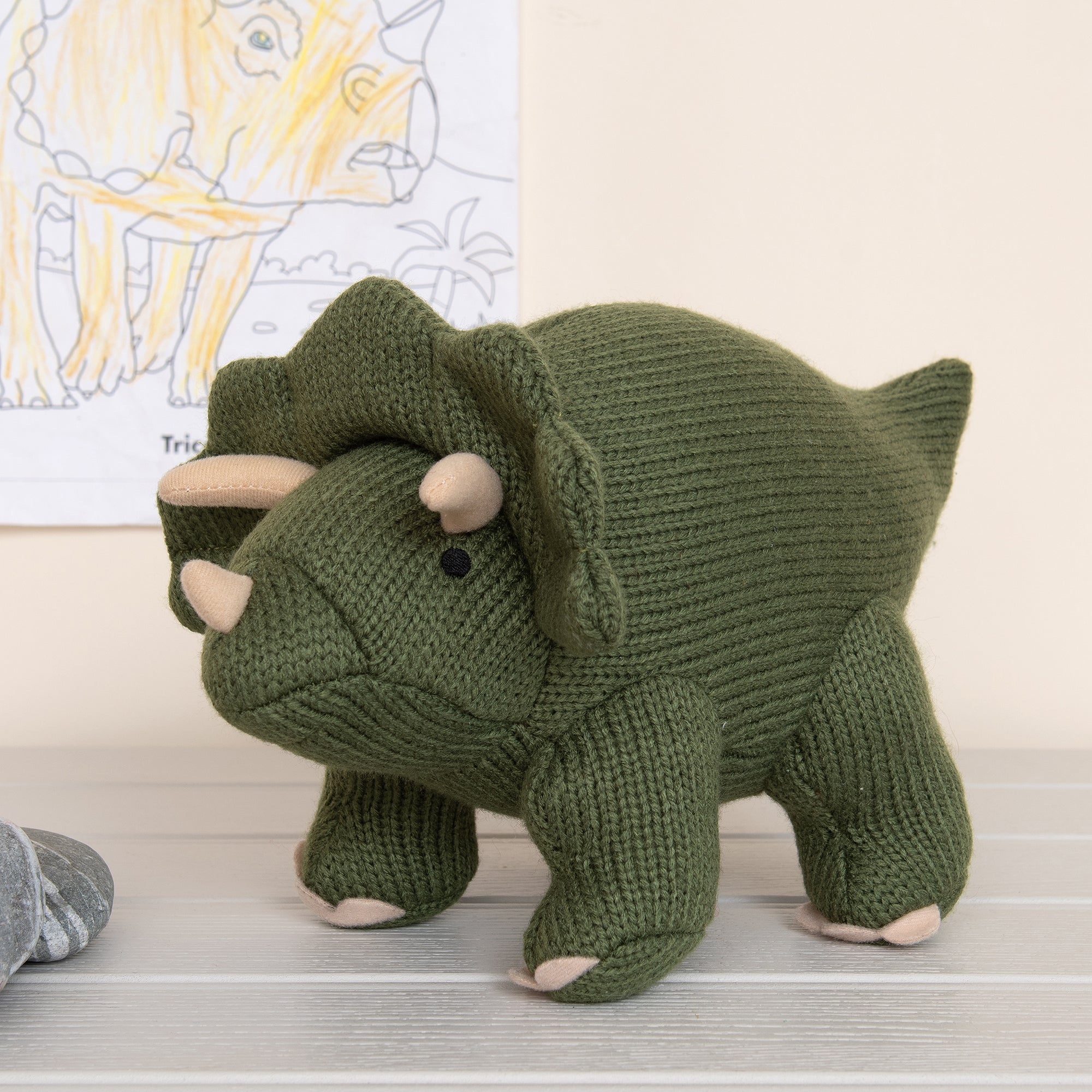 Knitted Triceratops Dinosaur Soft Toy - Khaki